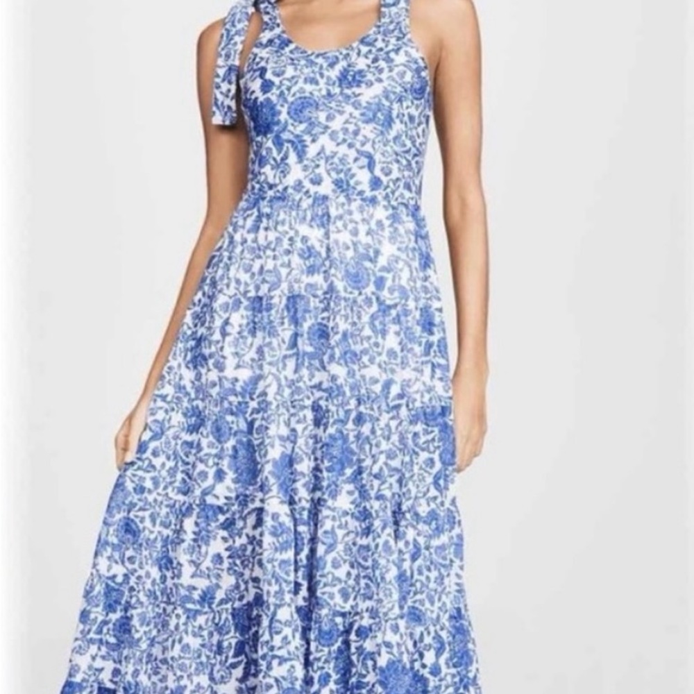 Free People Kika’s Floral Printed, Midi Tired Dress, in Blue & White